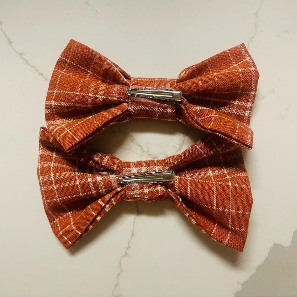 New handmade Plaid Bow Hair Clips for girls Brown/Orange Fall coquette pigtails